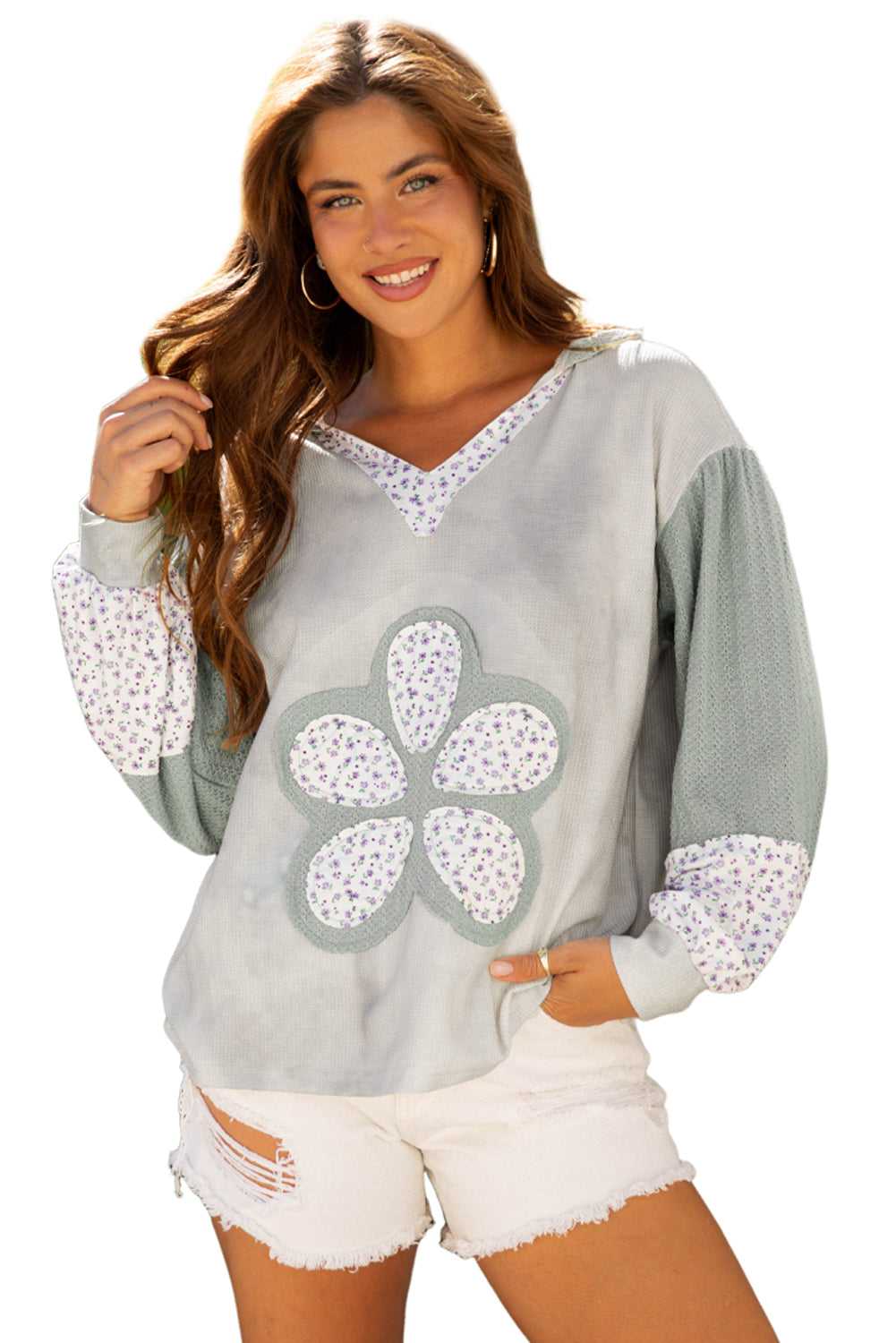 Floral Applique Oversize Hoodie in pear-green waffle knit with V-neck and patchwork flower design, styled for women’s fall fashion.