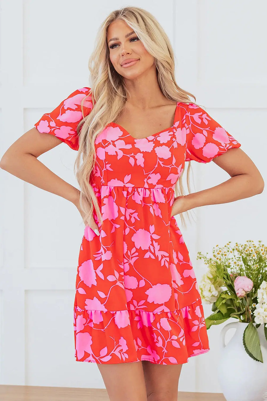 Red Floral Bubble Sleeve Sweetheart Neck Ruffled Mini Dress Women UK