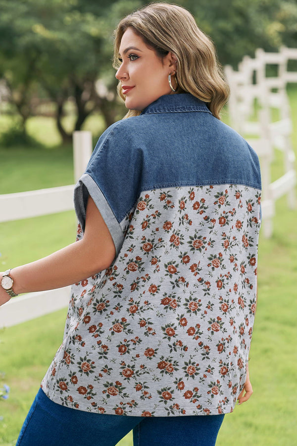Back view of retro floral denim patchwork plus size polo tee