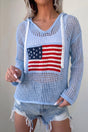 Hollow Out Crochet Knit American Flag Patch Drawstring Hoodie