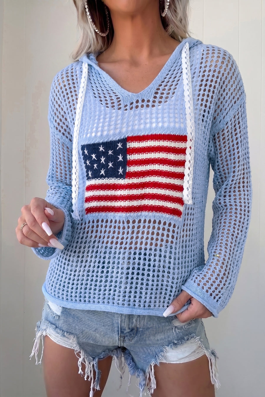 Hollow Out Crochet Knit American Flag Patch Drawstring Hoodie