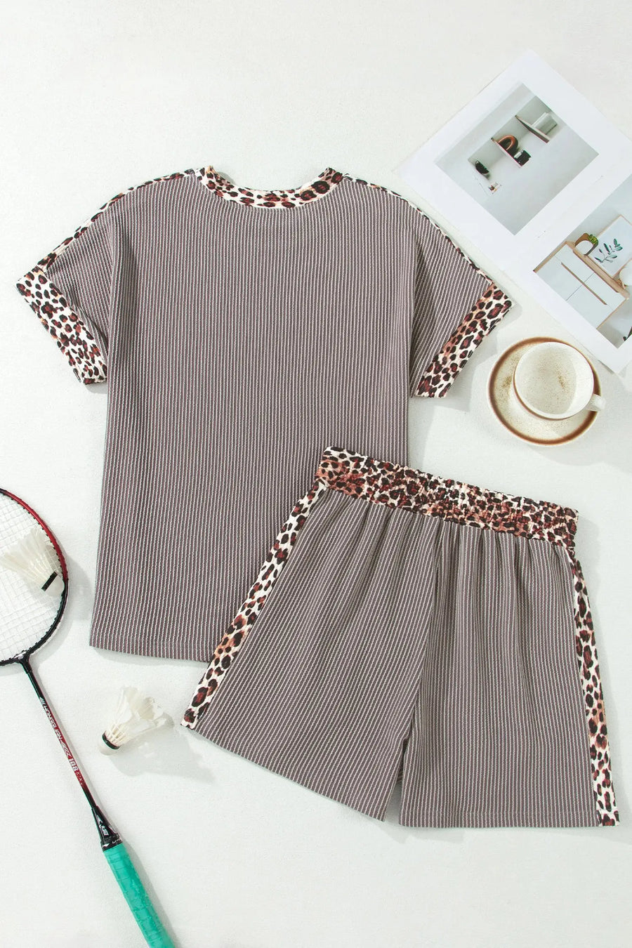 Leopard trim twist ribbed short set two piece outfit sets