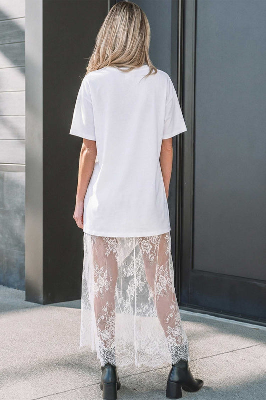 Back view of White Floral Lace Skirt Maxi Dress featuring a sheer floral lace overlay and relaxed fit, ideal for elegant daily wear.