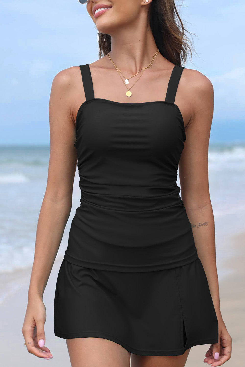 Black Square Neck Tankini Swimsuit