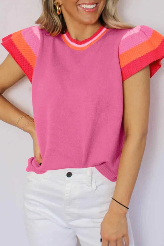 KnitT-Shirt - Turquoise Contrast Flutter Sleeves Sweater - Fashionfitz