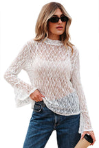 White Sheer Lace Bell Sleeve Blouse