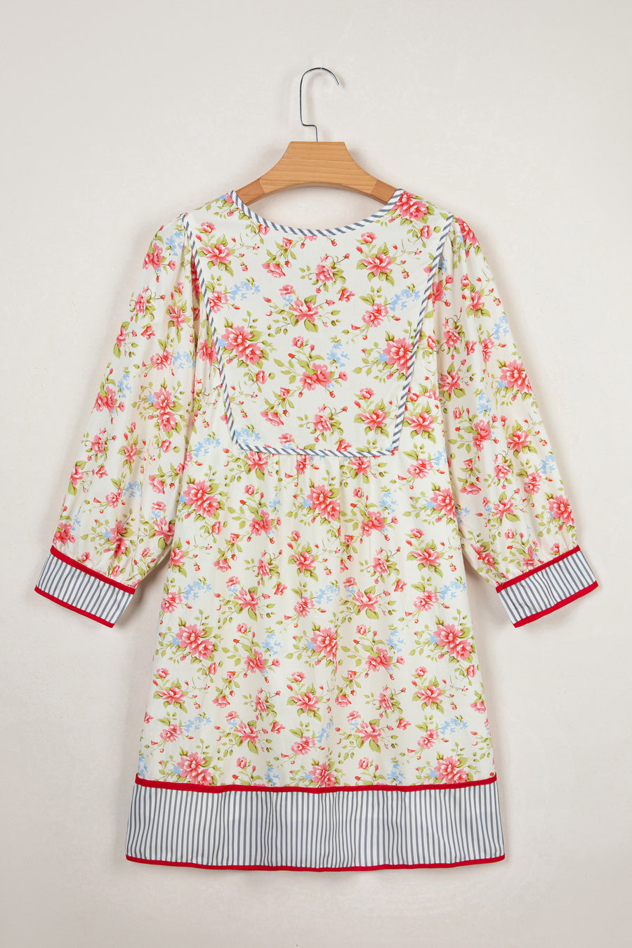 Apricot Floral Striped Edge 3/4 Puff Sleeve Dress Women UK — model shot