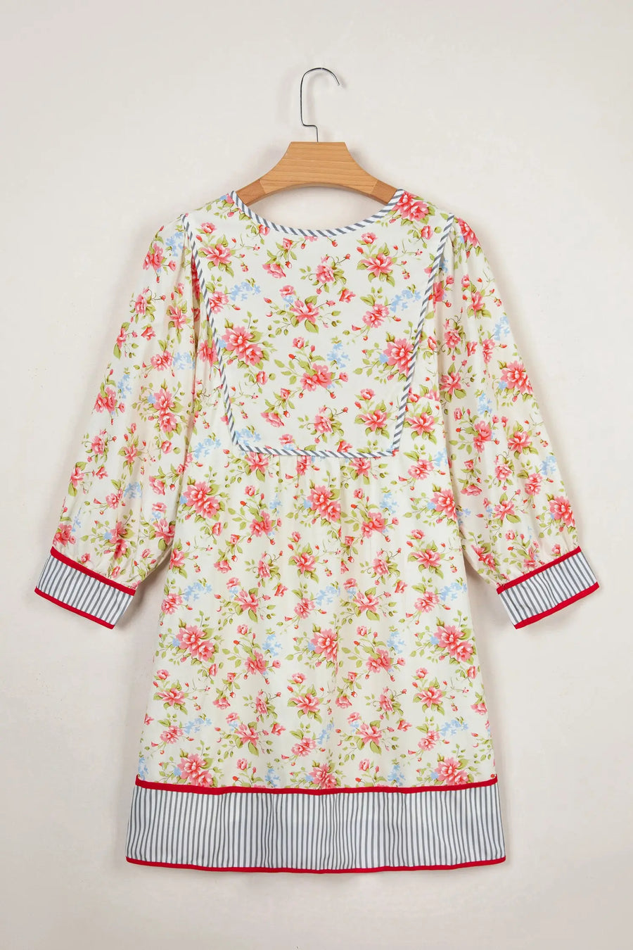 Apricot Floral Striped Edge 3/4 Puff Sleeve Dress Women UK — model shot