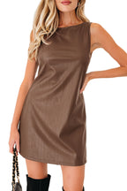 Brown Faux Leather Sleeveless Mini Dress