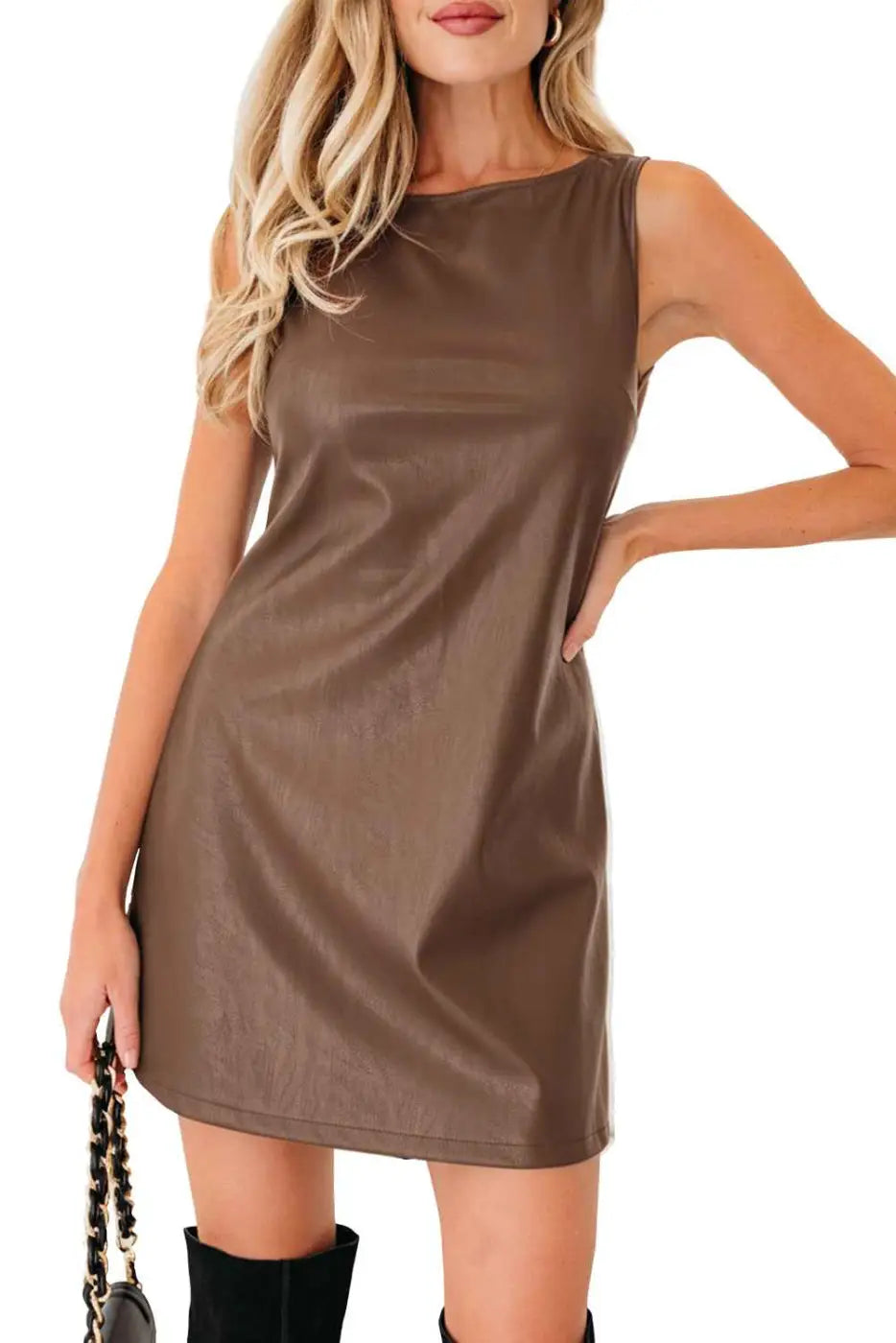 Brown faux leather sleeveless mini dress | fashionfitz