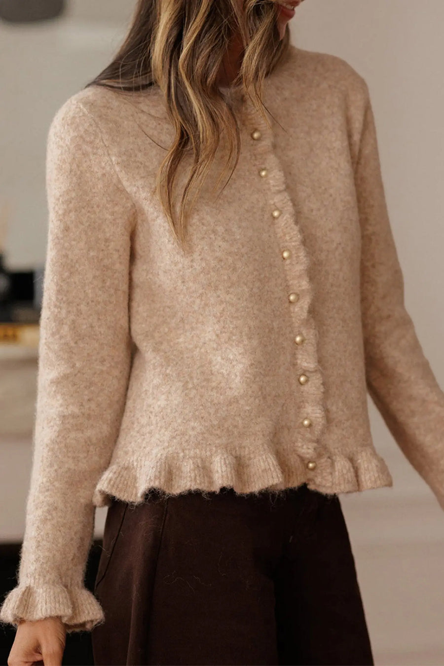Ruffle trim gold button long sleeve round neck knit cardigan cardigans
