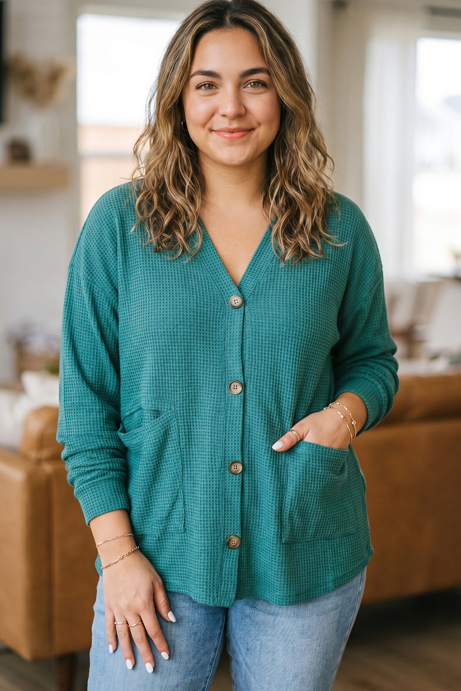 Plus Size Waffle Tunic V Neck Button Cardigan Women UK
