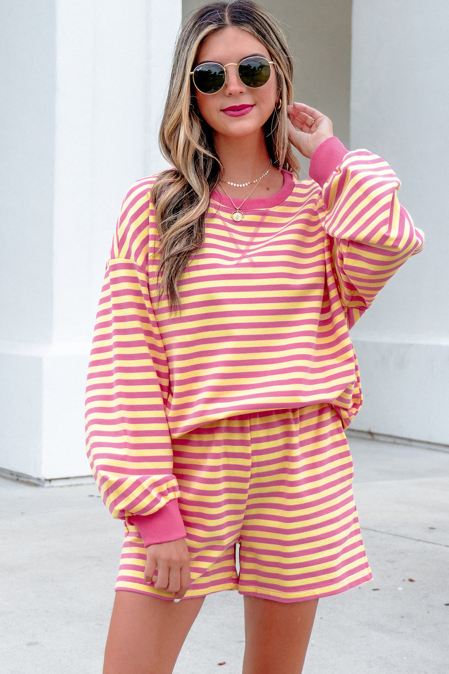 Yellow Stripe Colour Block Long Sleeve Top & Casual Shorts Set Women UK