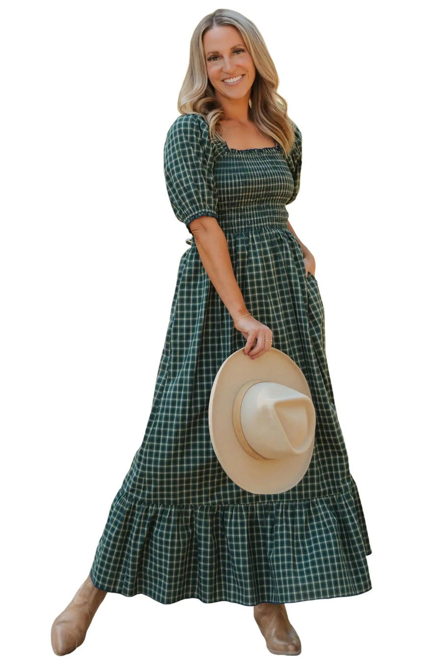 Plaid Square Neck Shirred High Waist Ruffle Hem Dress