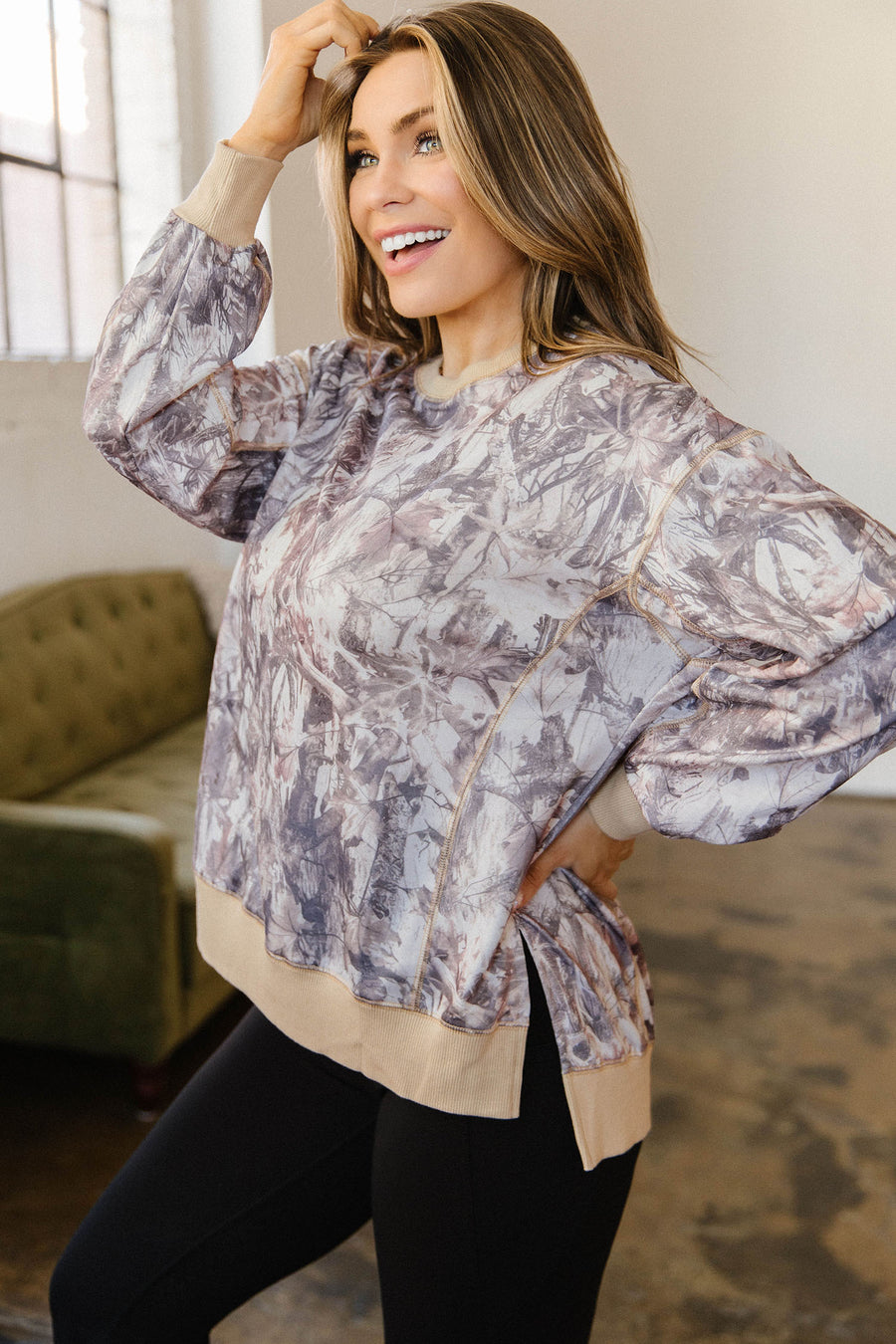 Abstract Camo Colorblock Side Split Tunic Sweatshirt Women UK