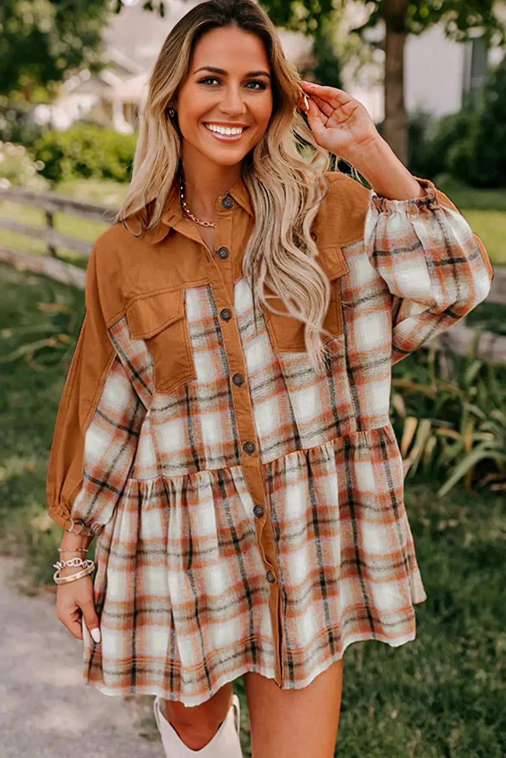 Khaki plaid colour block shirt dress long sleeve ruffle hem women uk | fashionfitz