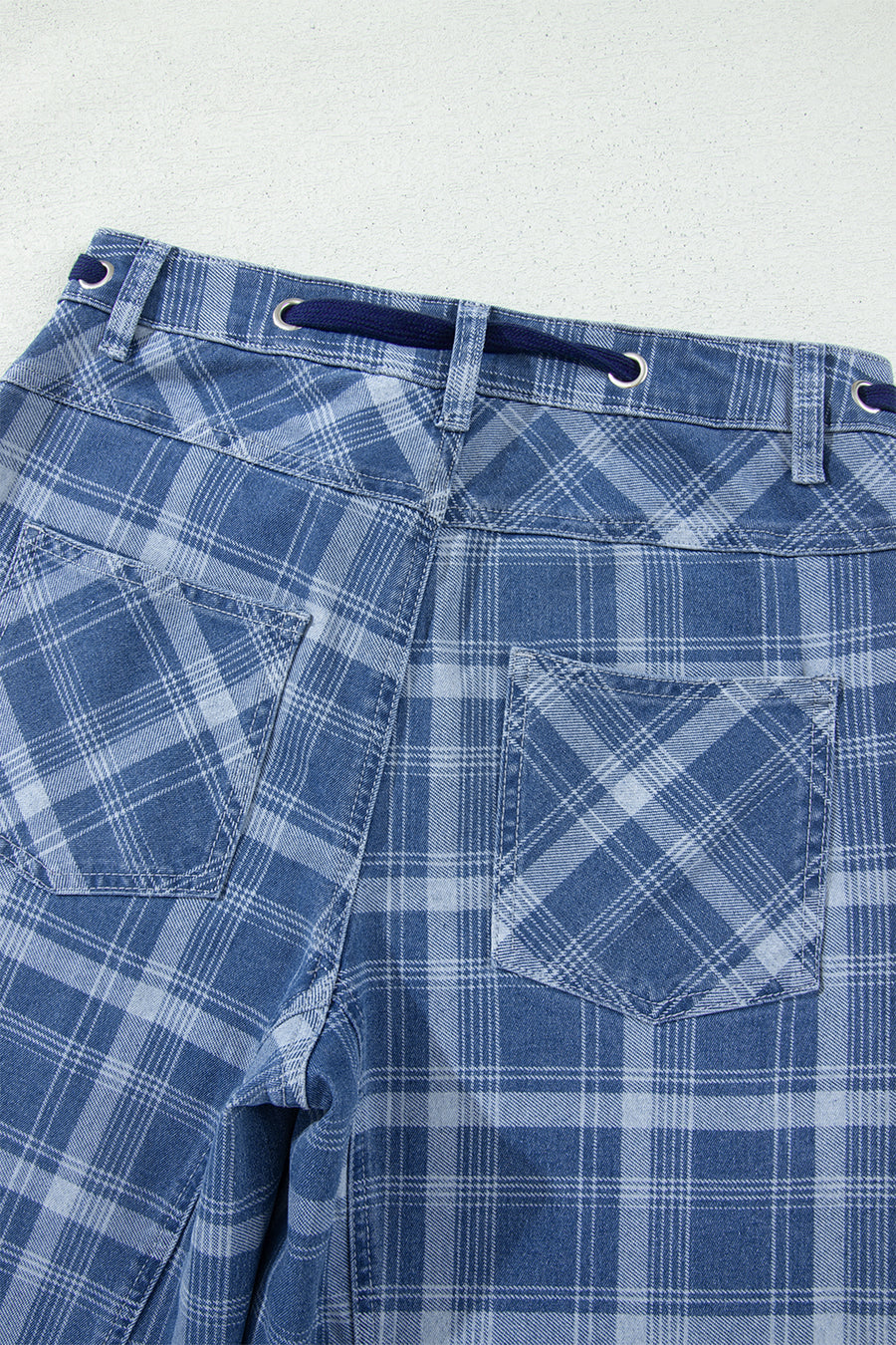 Plaid Denim Grommet Drawstring Waist Ankle-Length Jeans Women UK