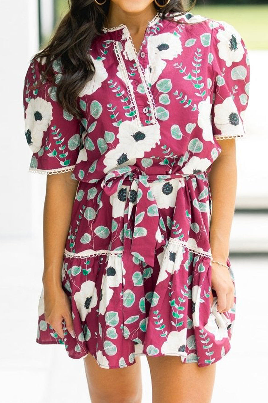 Red Floral Trimmed Puff Sleeve Belted Mini Dress Women UK — side view