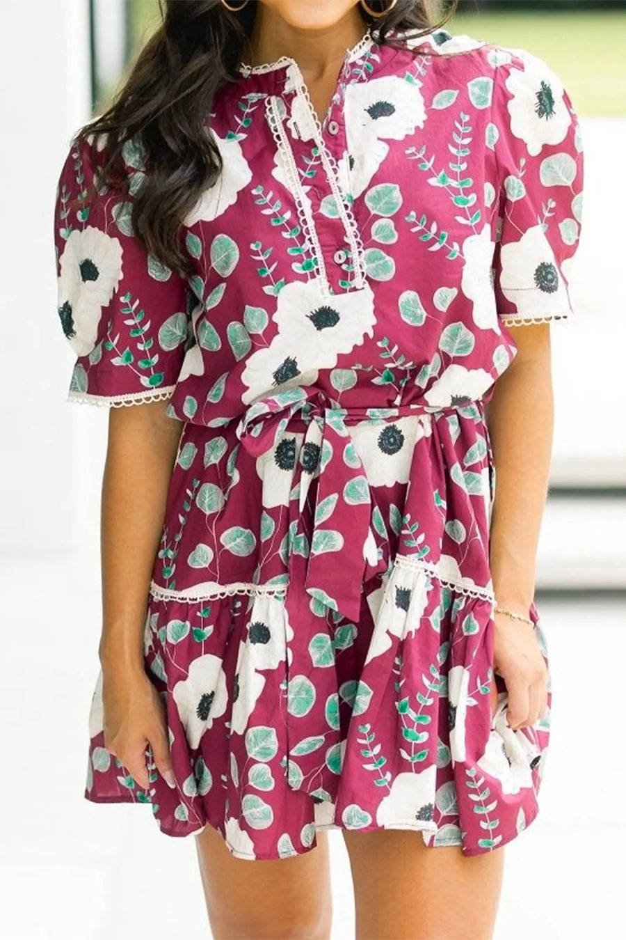 Red Floral Trimmed Puff Sleeve Belted Mini Dress Women UK — side view
