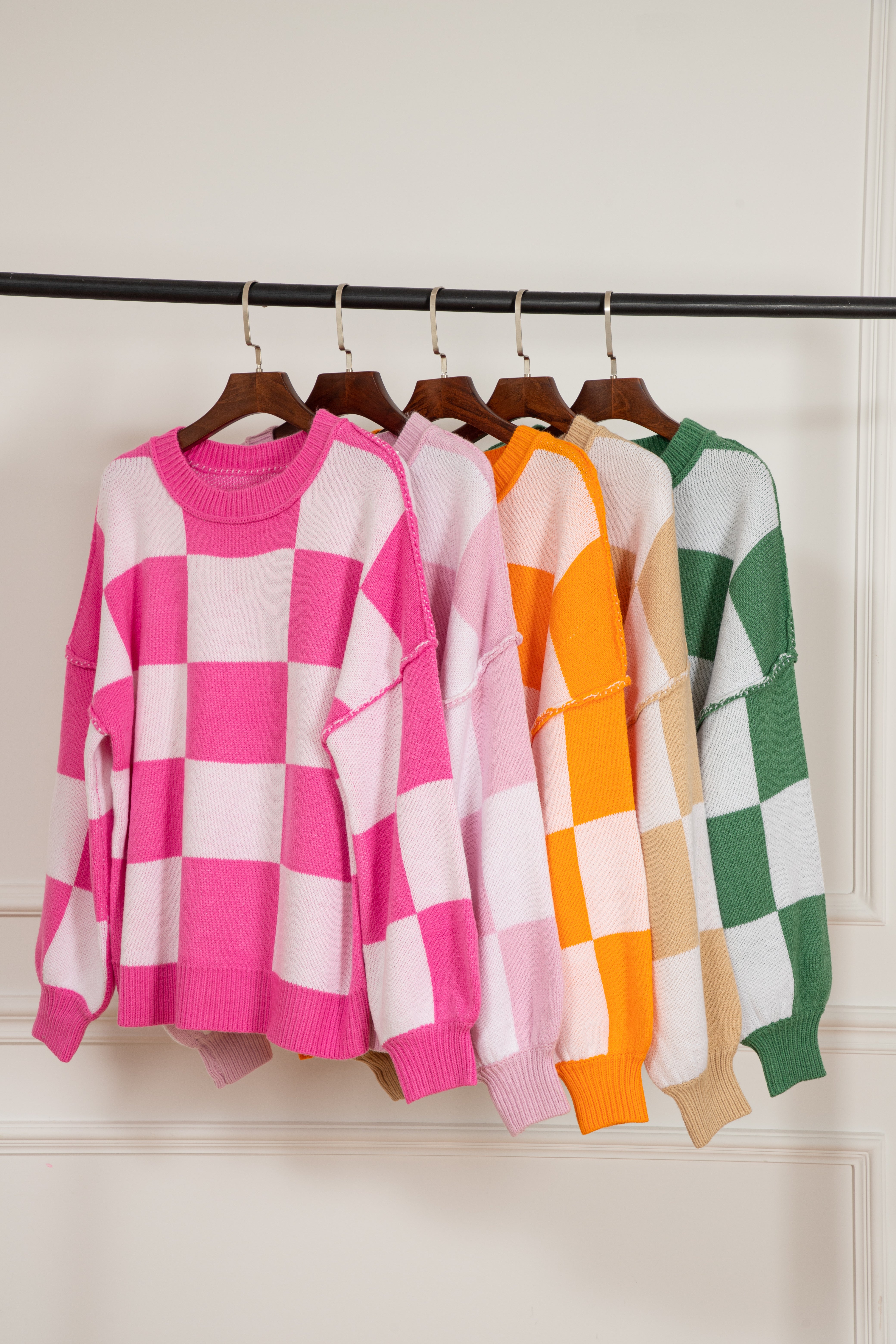 Pink Checkered Bishop Sleeve Sweater