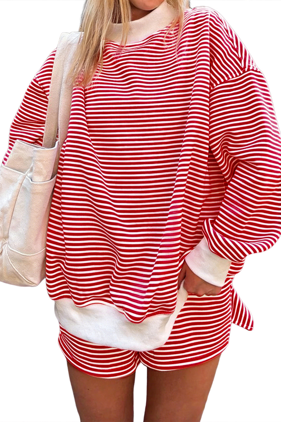 Red stripe mock neck sweatshirt co-ord set styled with trainers — Fashionfitz UK
