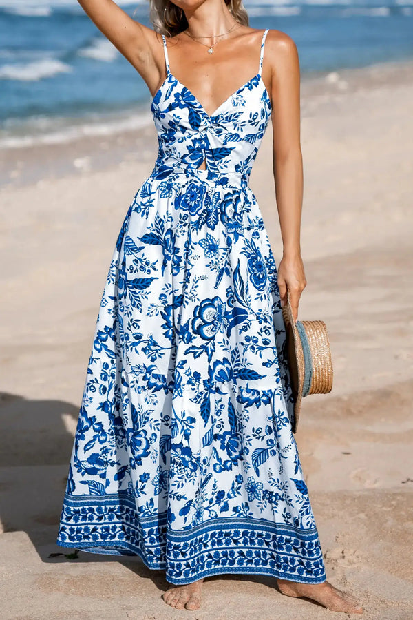 Sky Blue Twisted Bust Spaghetti Strap Backless Maxi Dress Women UK