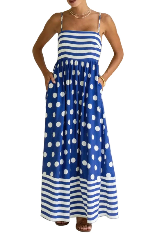 Blue striped polka dot patchwork high waist spaghetti straps maxi dress