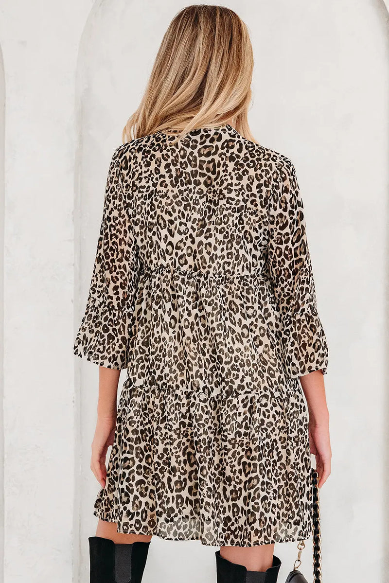 Khaki leopard v neck 3/4 sleeve mini swing dress