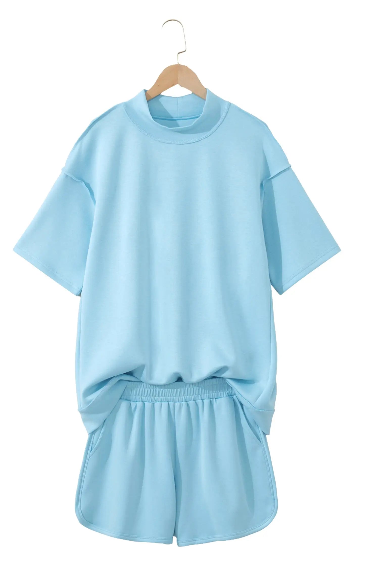 Exposed seam mock neck oversized tee shorts two piece set pockets outfit sets