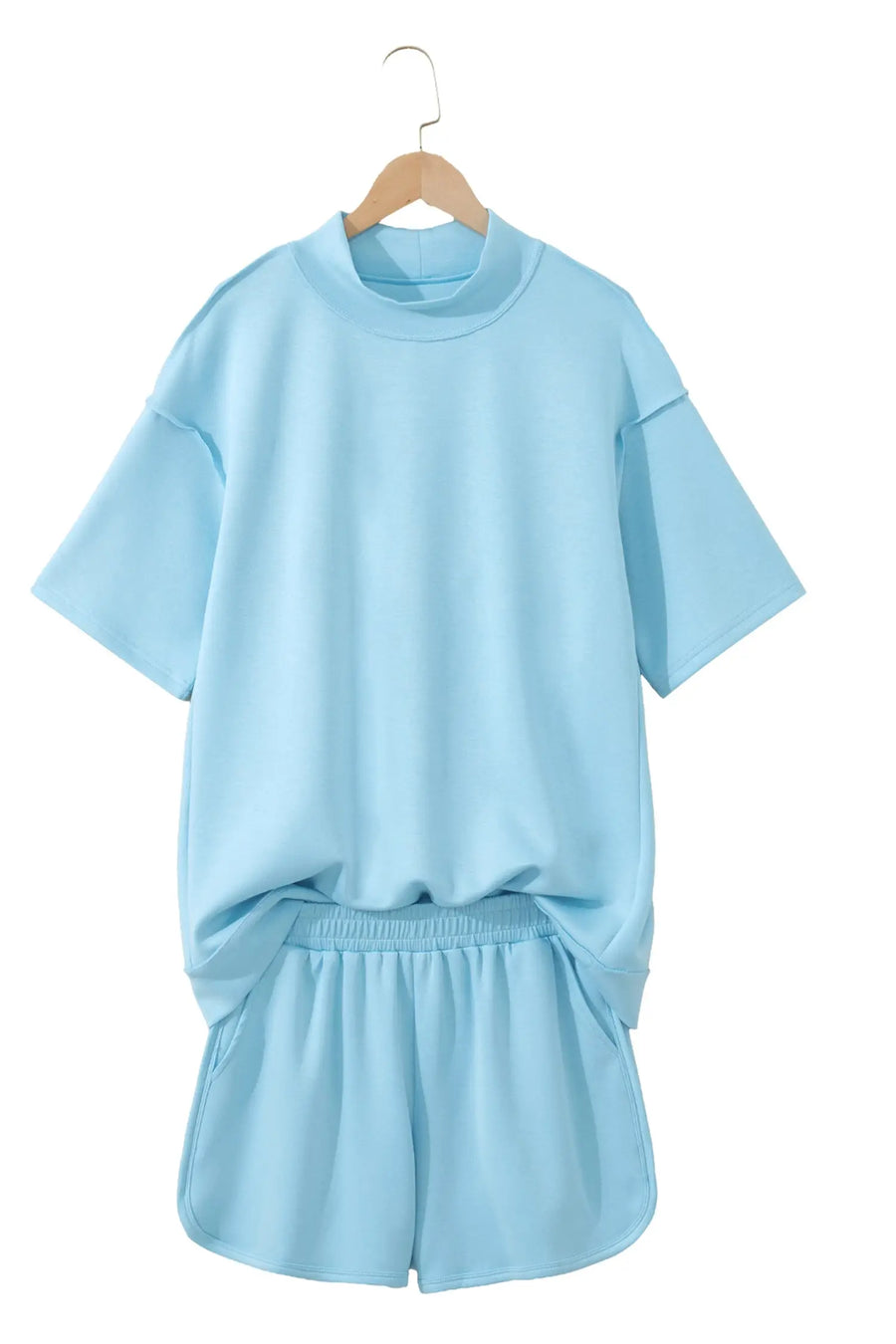 Exposed seam mock neck oversized tee shorts two piece set pockets outfit sets