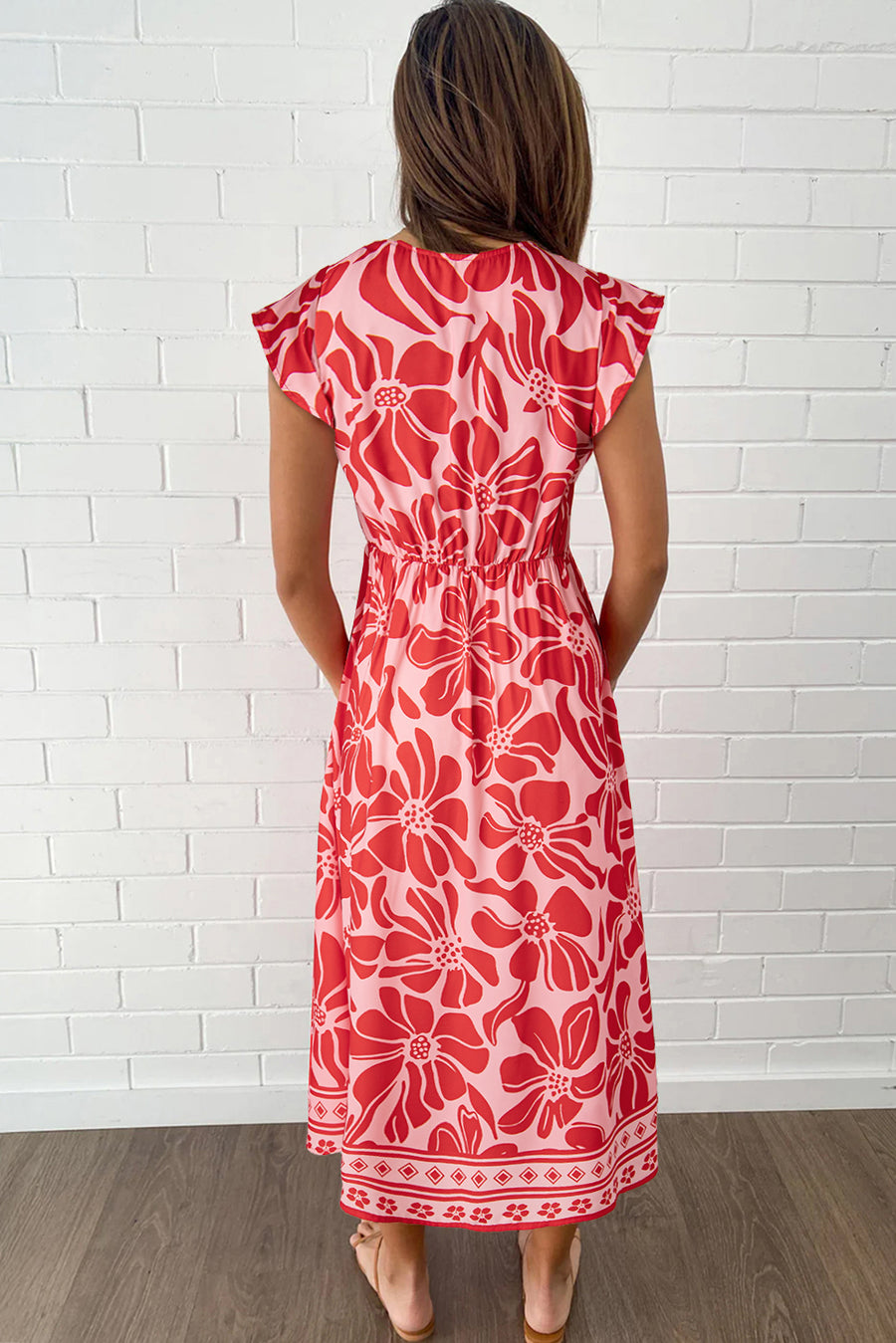 Red Boho Floral V Neck Shirred Waist Long Dress Women UK