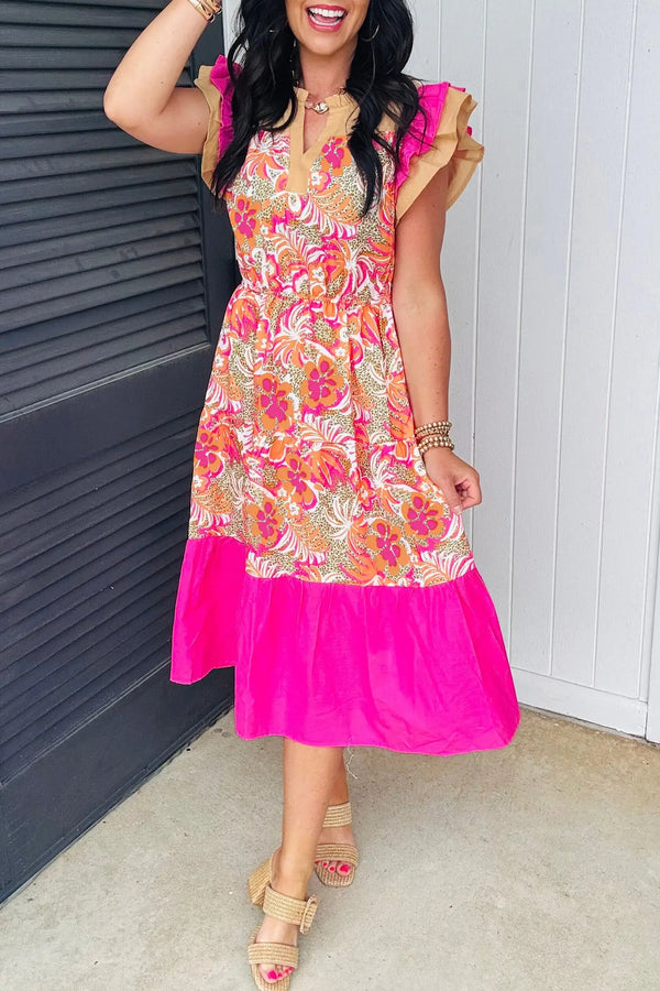 Rose Floral Color Block Ruffled Short Sleeve Midi Dress Women UK — front view