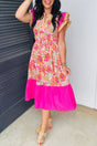 Rose Floral Color Block Ruffled Short Sleeve Midi Dress Women UK — front view