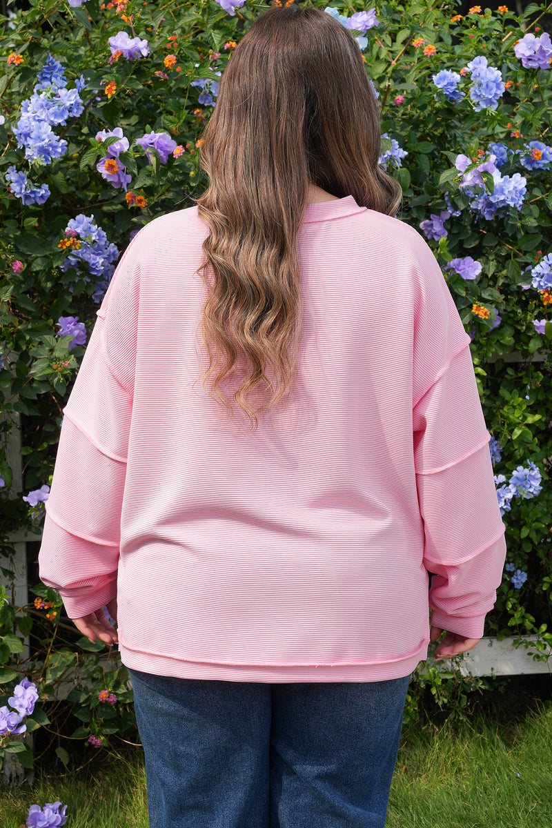 Back view of drop shoulder long sleeve plus size ribbed top