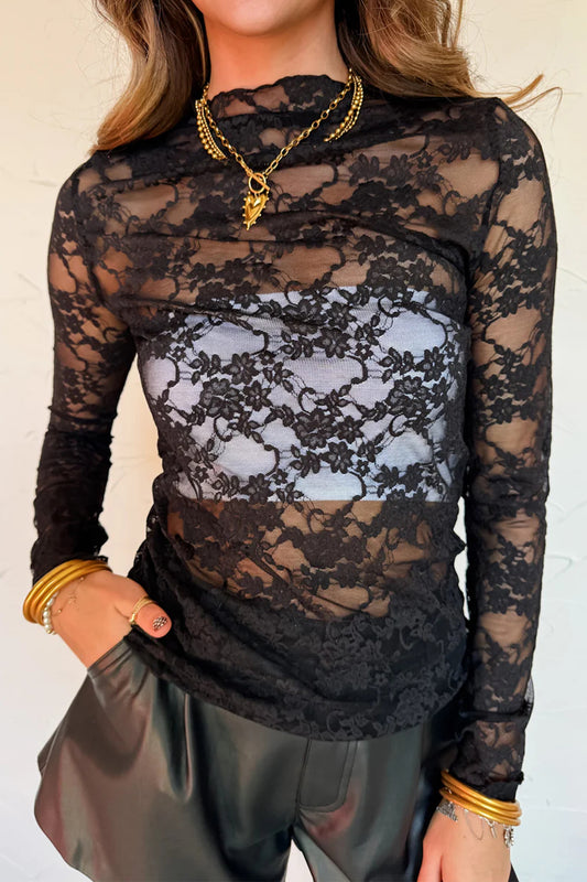 Sheer Floral Lace Mock Neck Lettuce Trim Long Sleeve Top