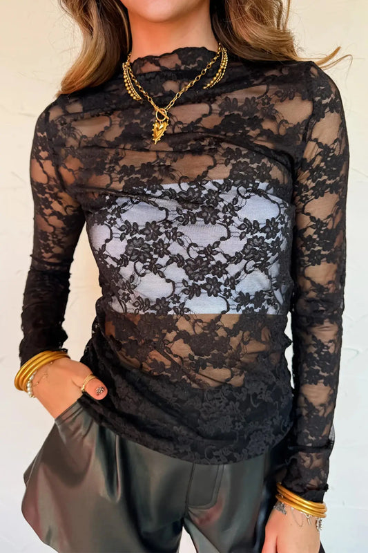 Black sheer floral lace lettuce trim mock neck long sleeve top