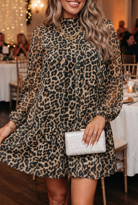 Leopard Print Gathered Long Sleeve Mini Dress Pockets Women UK