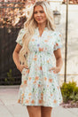 Beige Floral Shirred High Waist Puff Sleeve Mini Dress Women UK