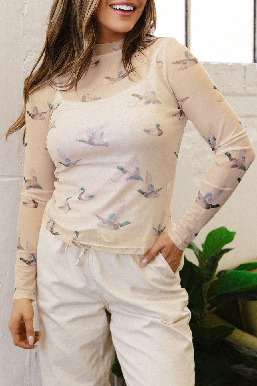 Western Print Mesh Sheer Long Sleeve Top