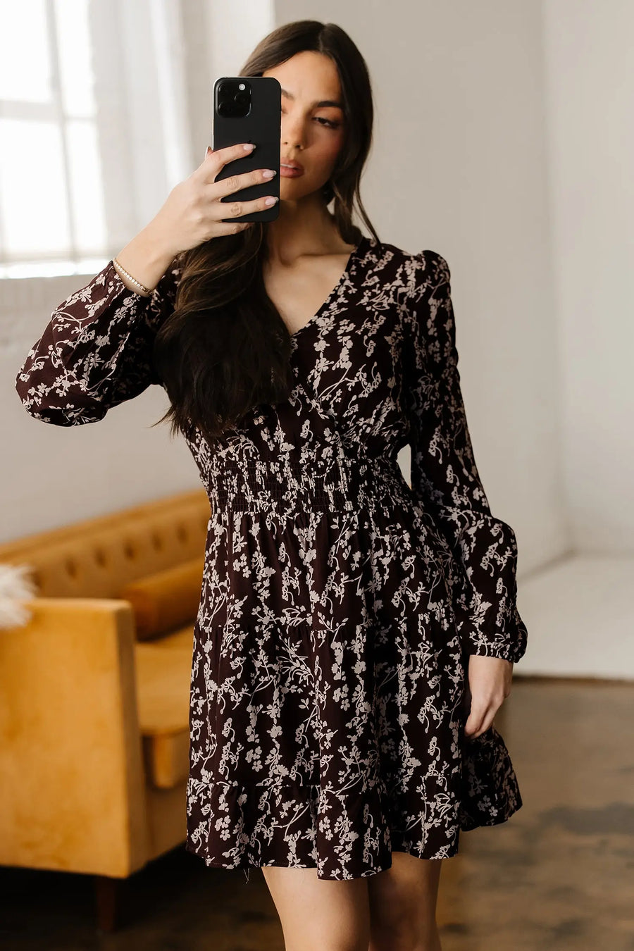 Brown Ditsy Floral Split Neck Long Sleeve Shirred Mini Dress Women UK — side view