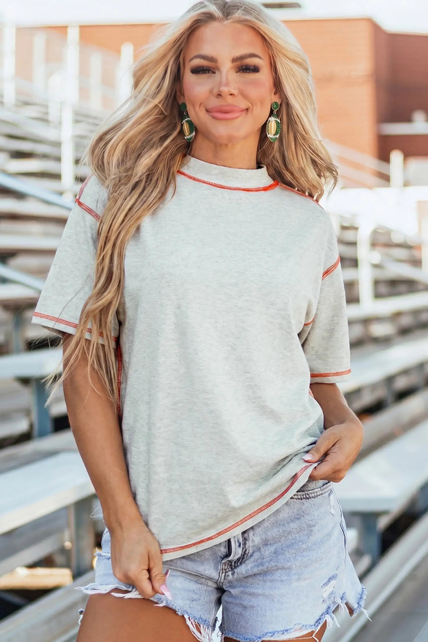 Reversible Contrast Stitch Drop Shoulder High Neck Short Sleeve Tee