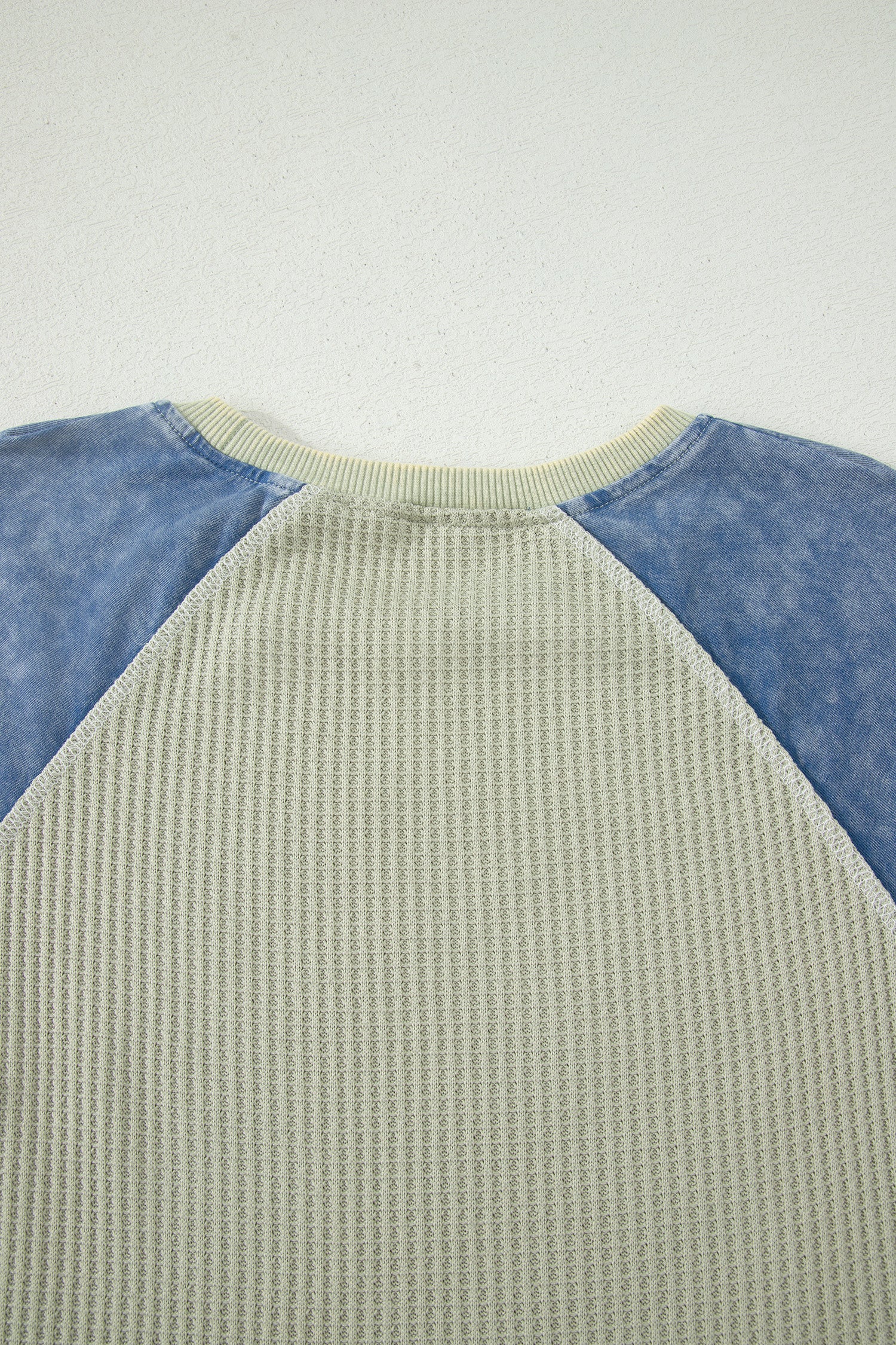 Waffle Knit Seam Detail Colour Block Patchwork Short Sleeve Top