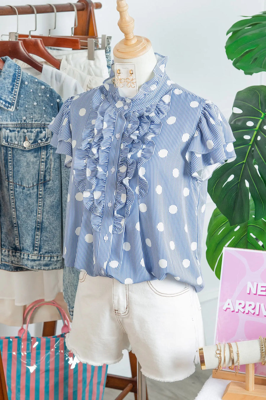 Sky Blue Stripe Contrast Polka Dot Print Pleated Ruffle Sleeve Shirt — full length view on model | Fashionfitz UK