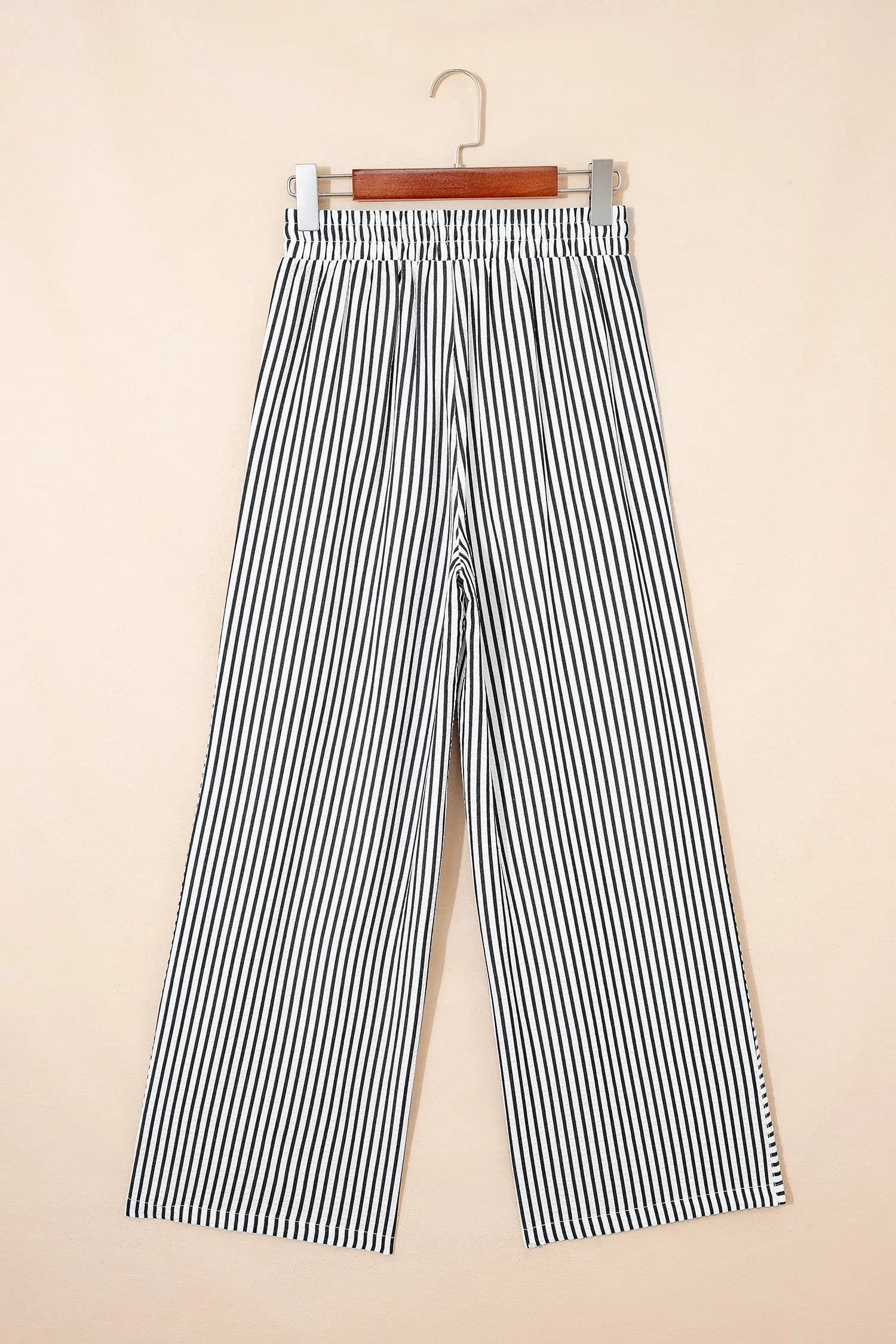 Black Stripe High Waist Wide Leg Drawstring Casual Trousers with Pockets
