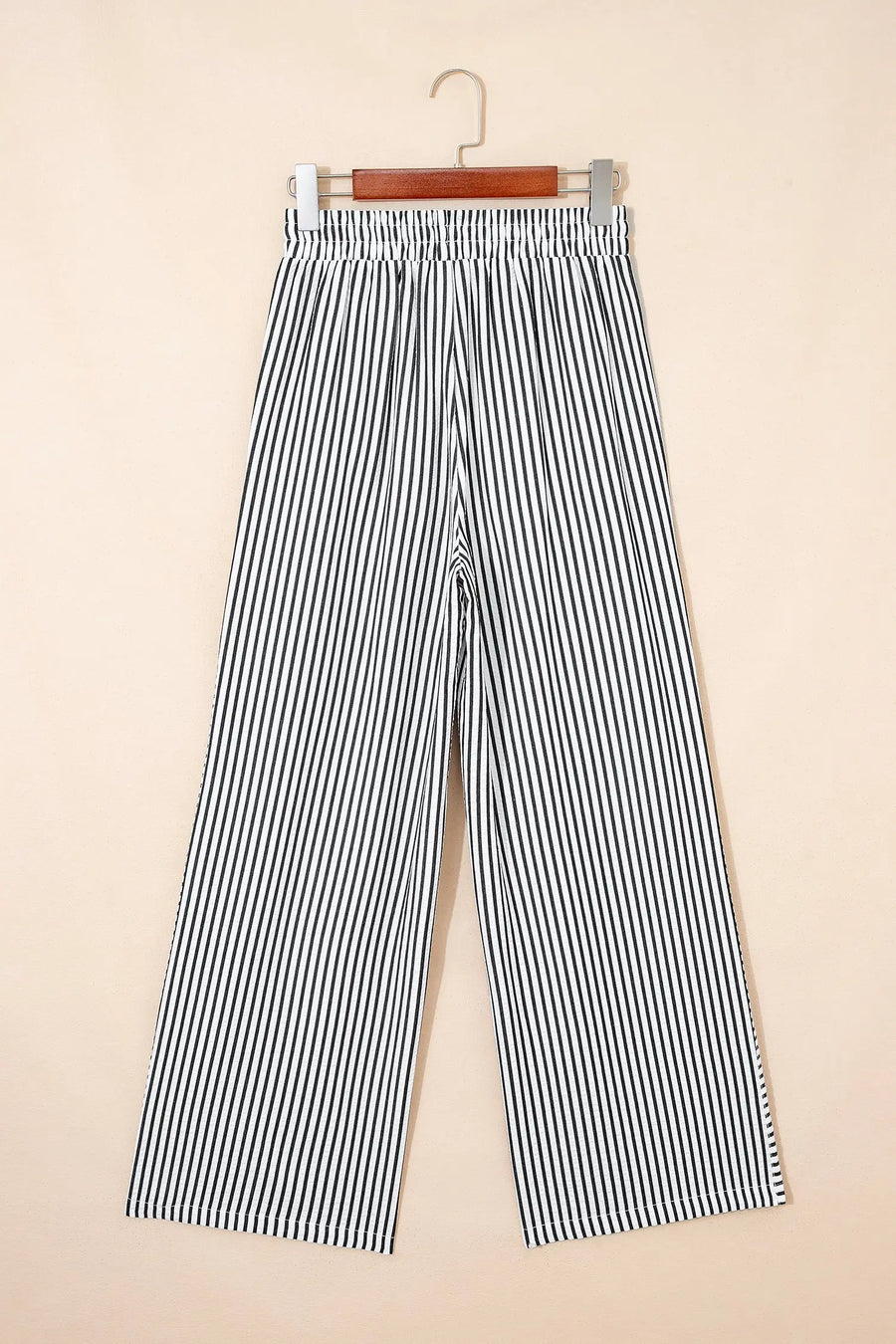 Black Stripe High Waist Wide Leg Drawstring Casual Trousers with Pockets