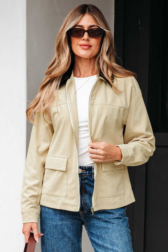 Model wearing Leather Collar Corduroy Jacket with jeans and sunglasses, perfect for casual fall layering and daily wear.