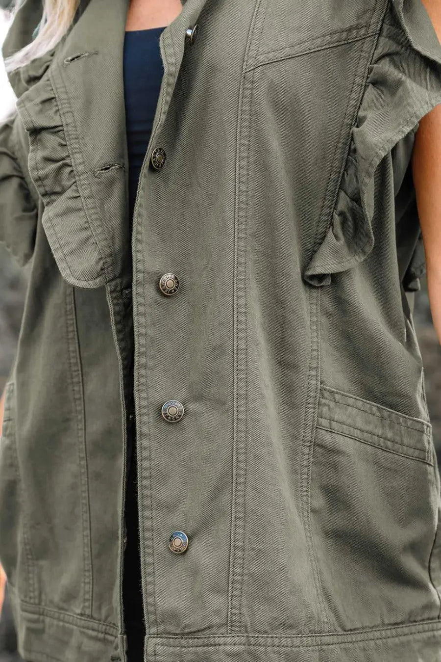 Green bay ruffled denim vest - women’s fashion trends