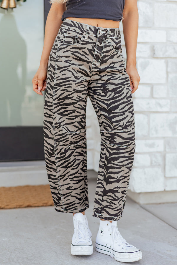 Zebra Print High Waist Barrel Leg Cropped Jeans Women UK