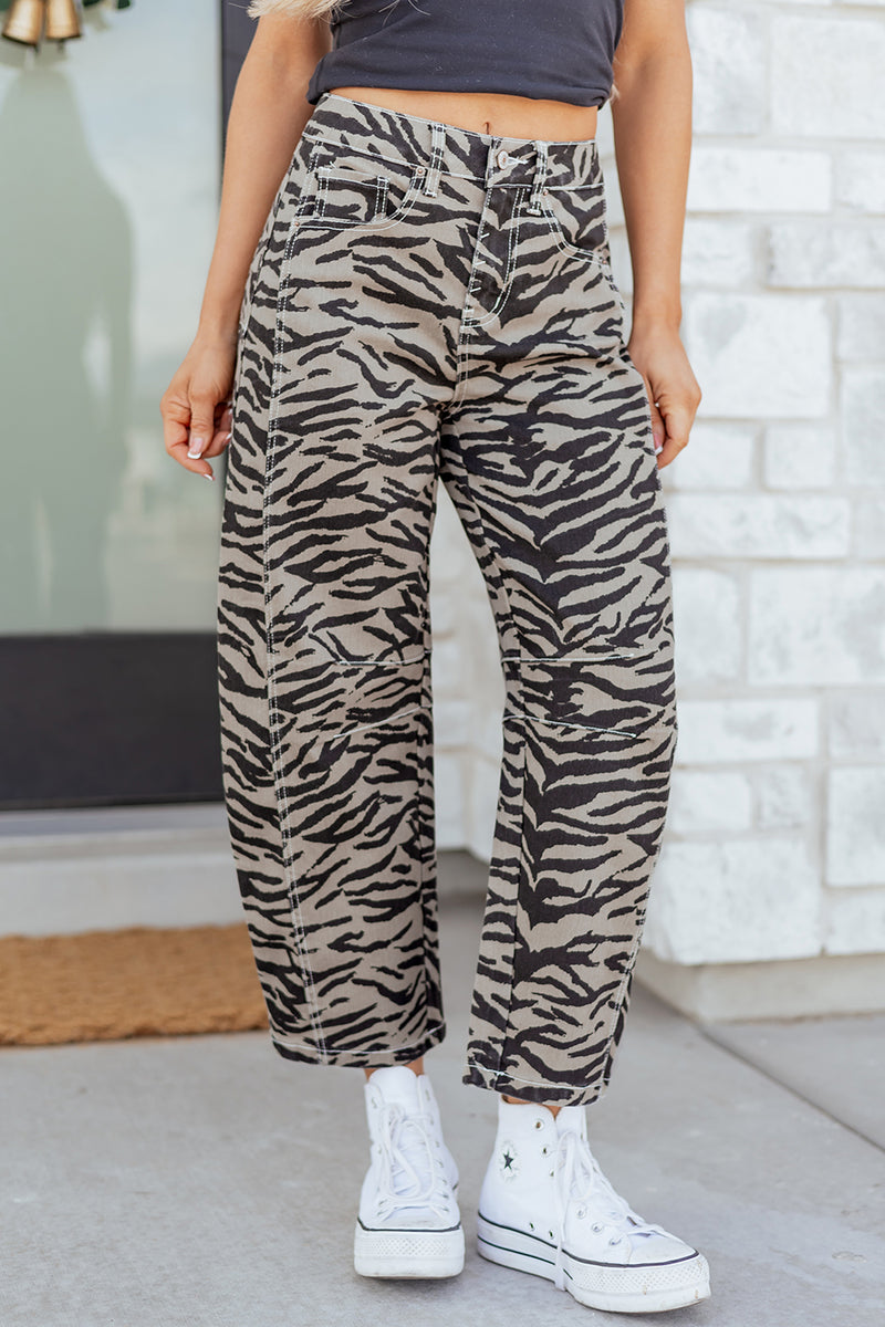 Zebra Print High Waist Barrel Leg Cropped Jeans Women UK
