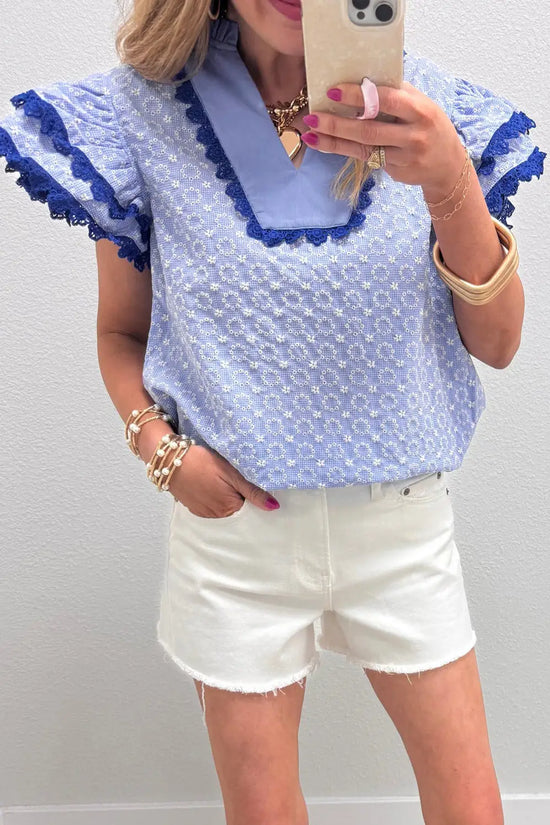 Eyelet embroidered flutter sleeve blouse with lace trim blouses